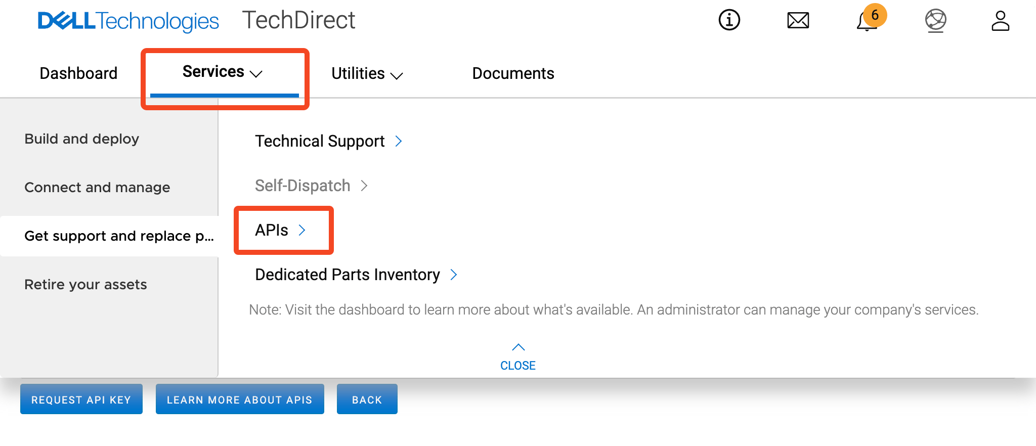 Dell TechDirect Services menu with APIs selected