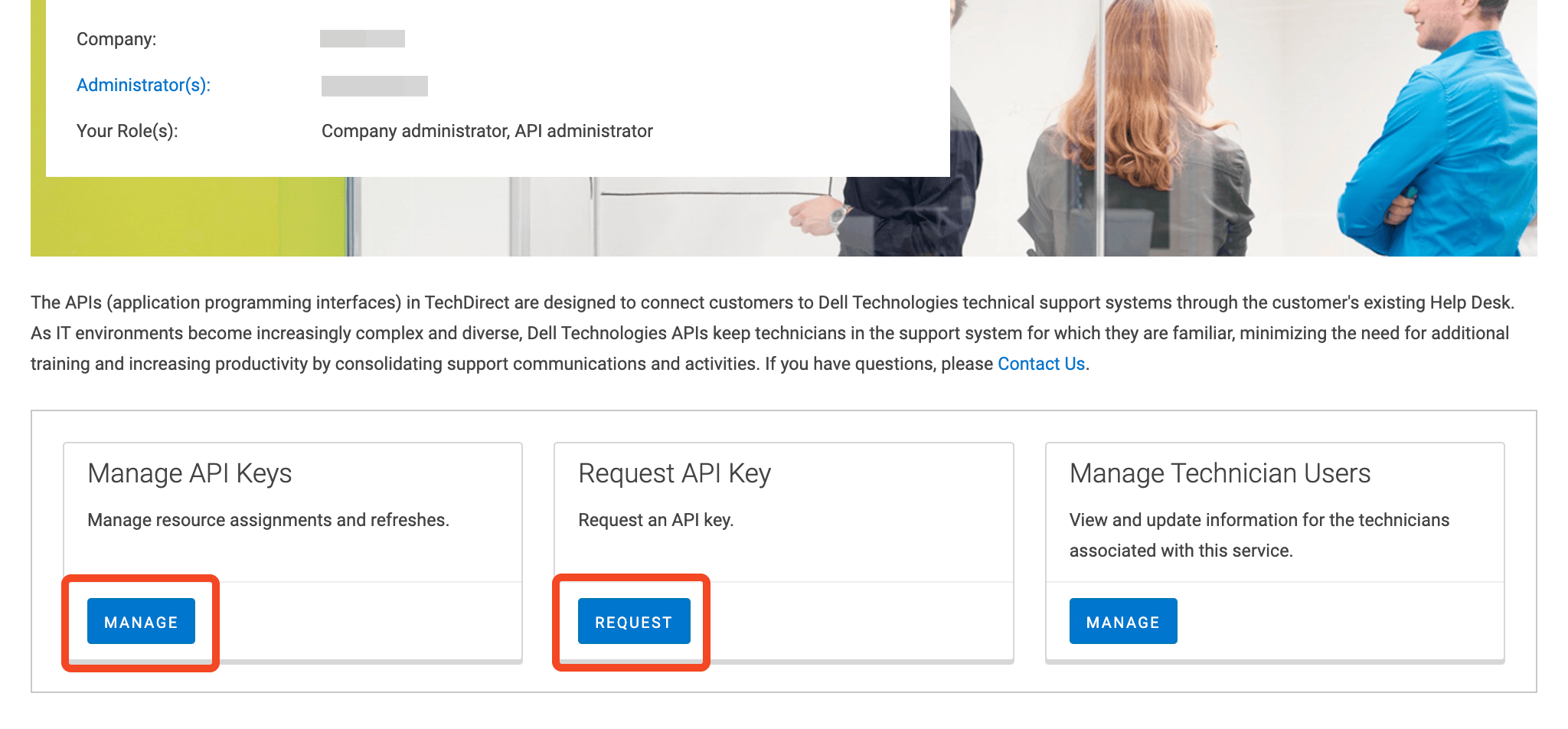 Dell TechDirect Manage API Keys page with Request API Key selected