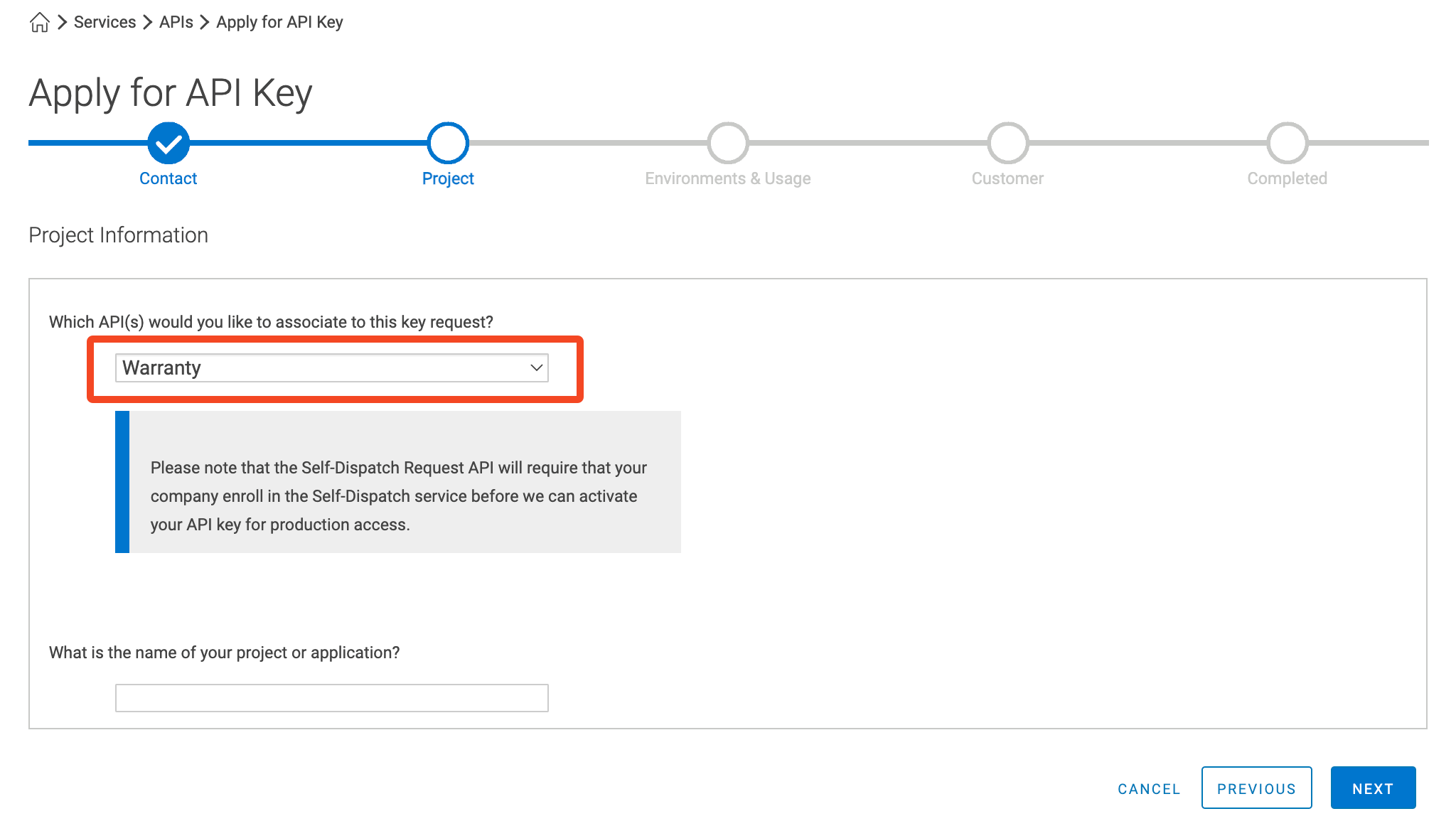 Dell TechDirect API key request with SaaS Manager project name