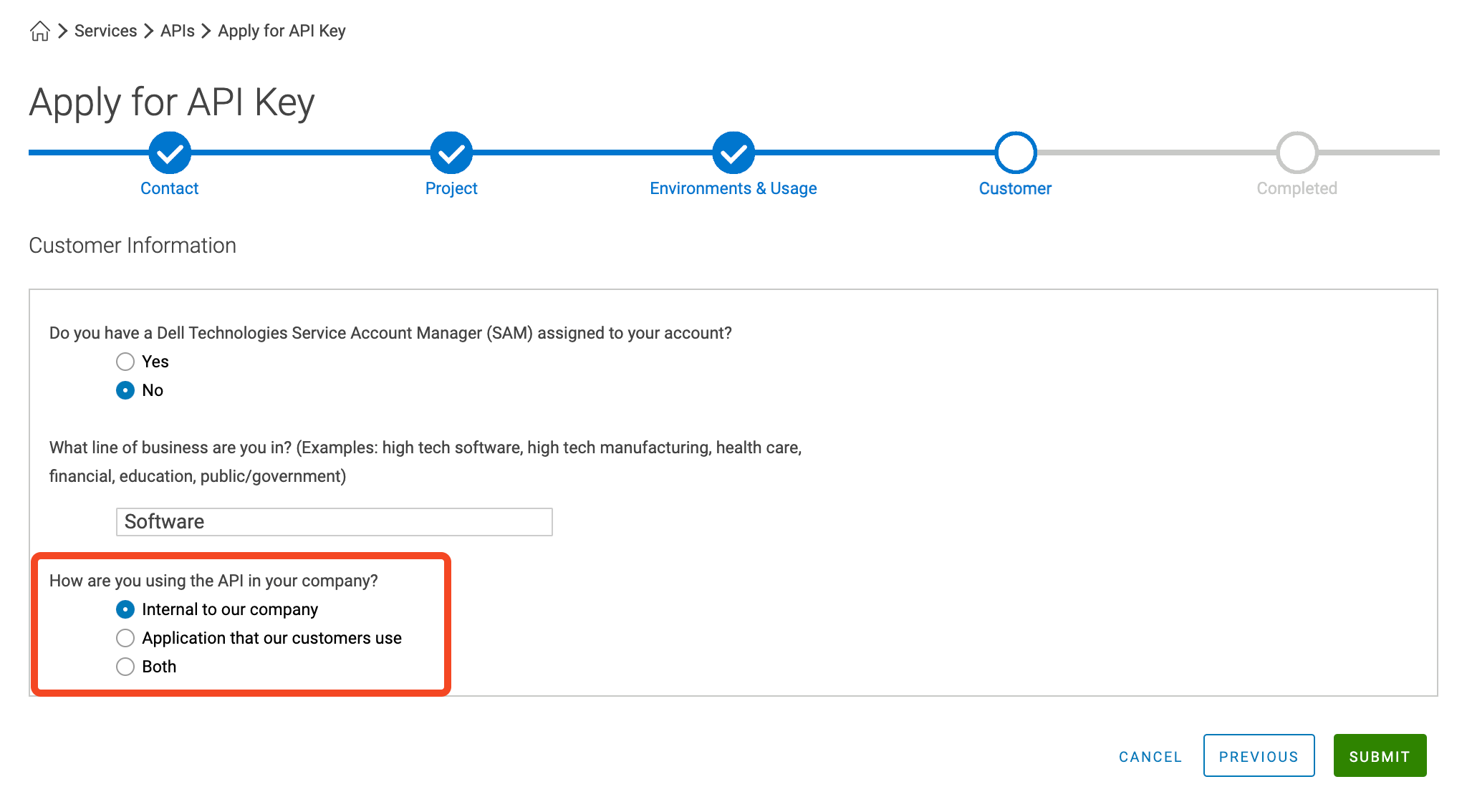 Dell TechDirect API key request with Internal to our company selected