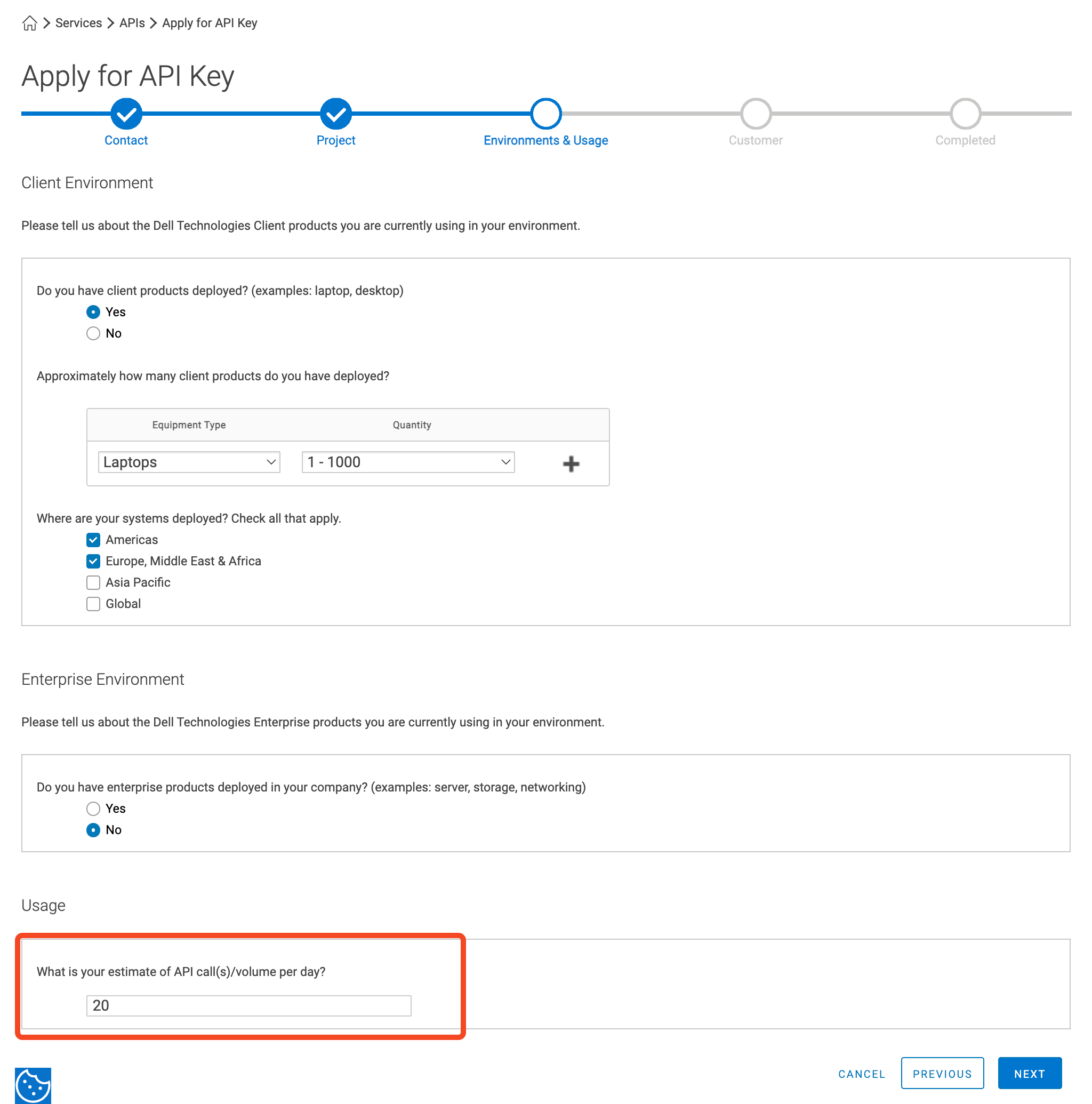 Dell TechDirect API key request account details and API request estimate