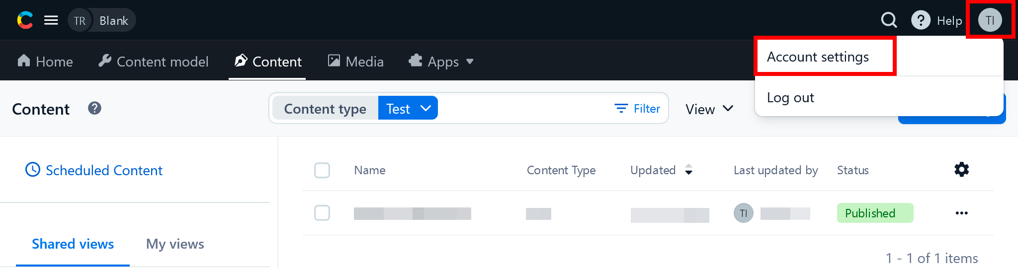 Contentful profile menu with Account settings selected