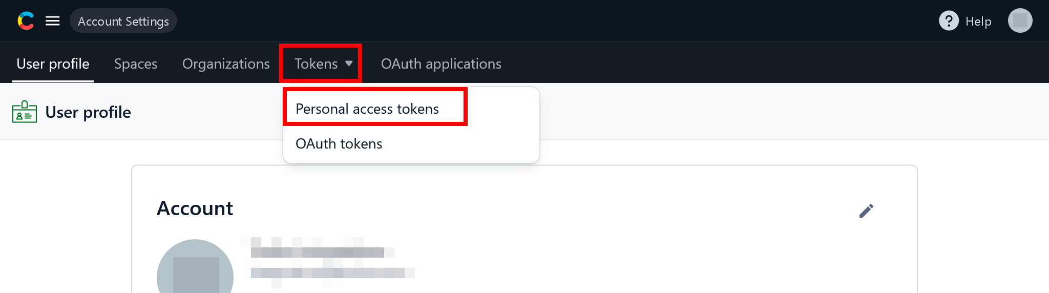 Contentful Tokens menu with Personal access tokens selected