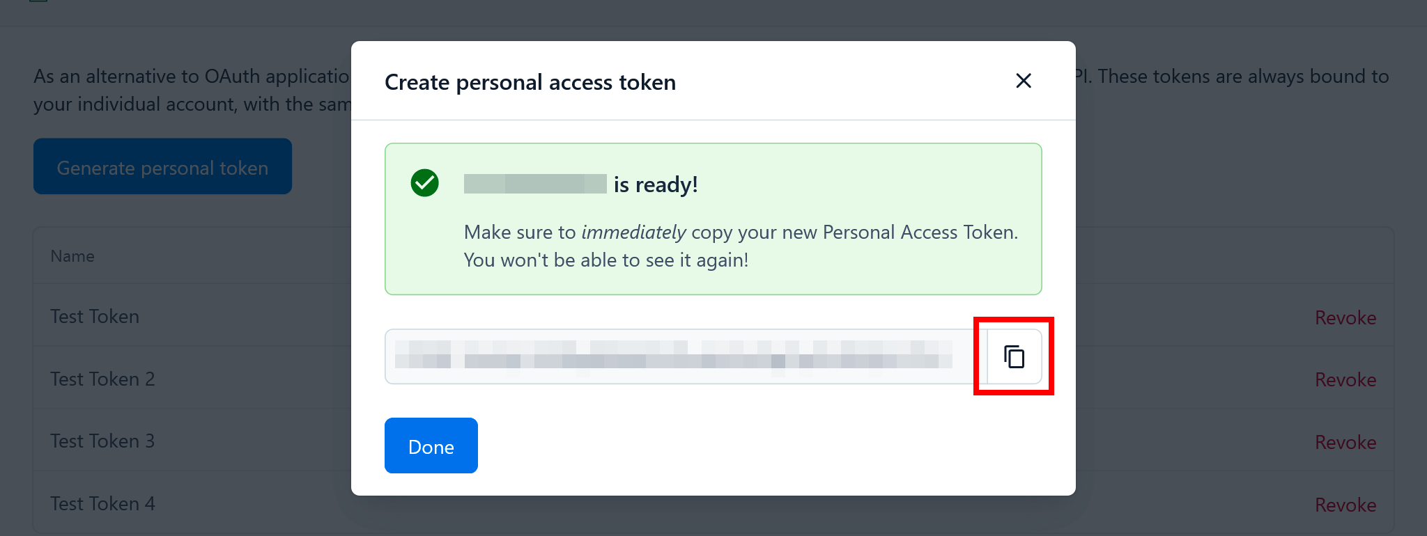 Contentful dialog showing the generated personal access token