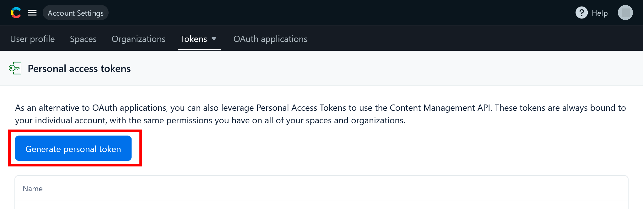 Contentful Personal access tokens page with Generate personal token selected