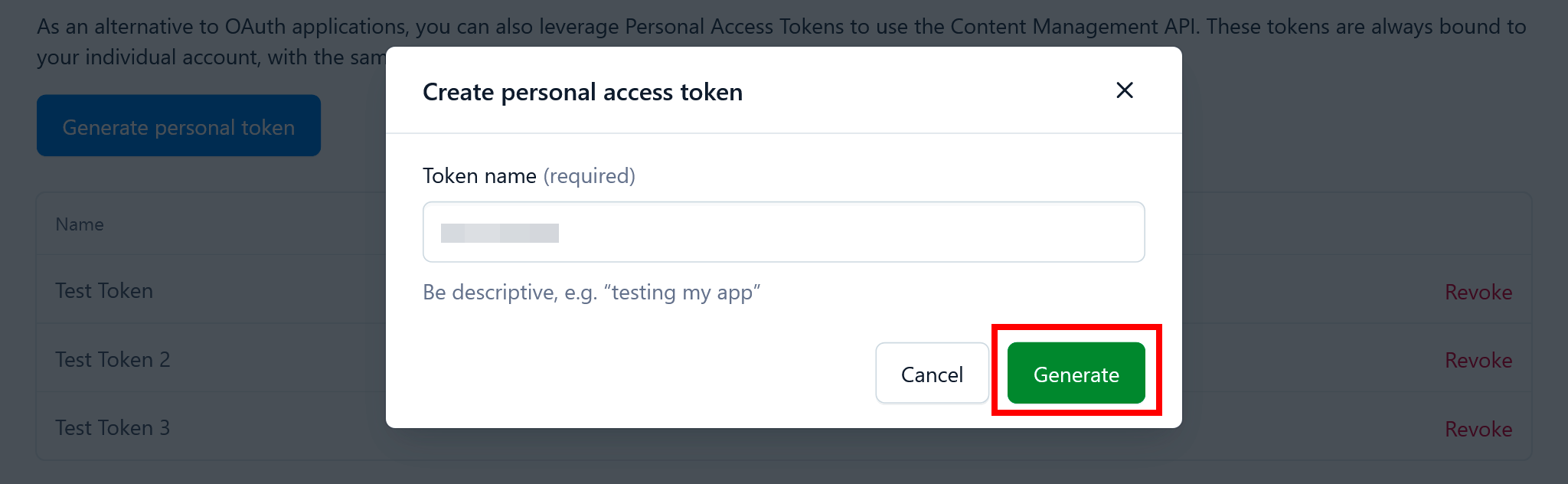 Contentful personal token form with the Generate action