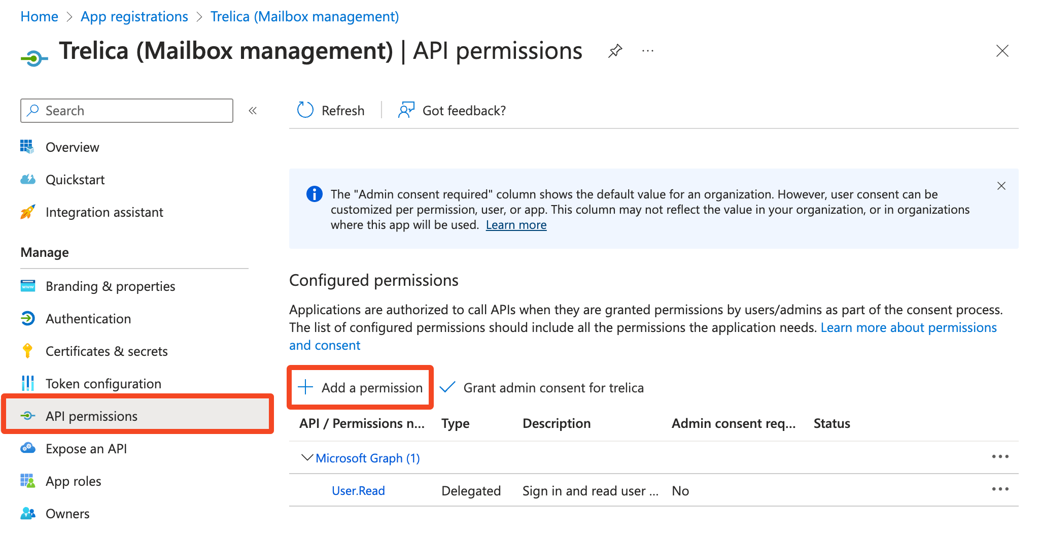 Microsoft Entra ID API permissions page with Add a permission highlighted
