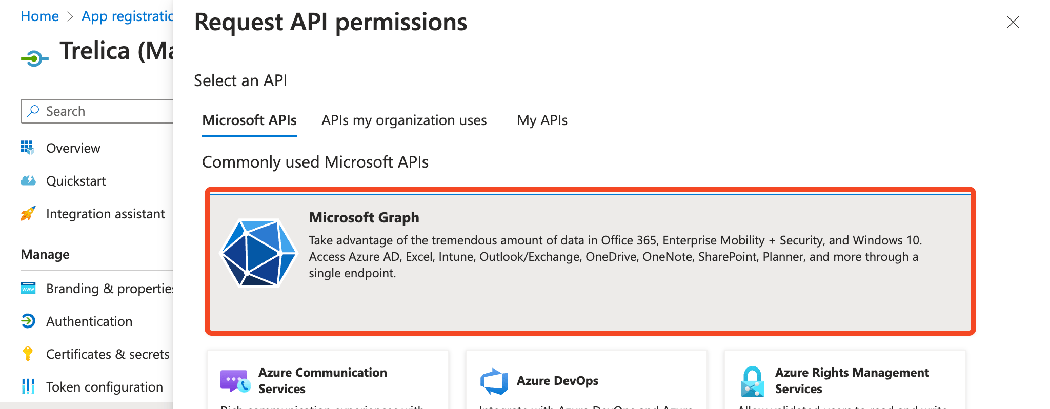 Microsoft Entra ID Request API permissions dialog with Microsoft Graph highlighted
