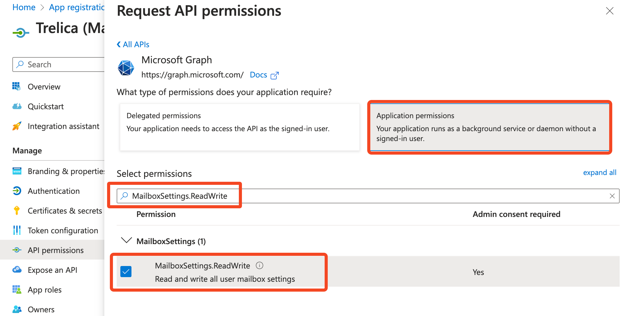 Microsoft Graph application permissions dialog with MailboxSettings.ReadWrite selected