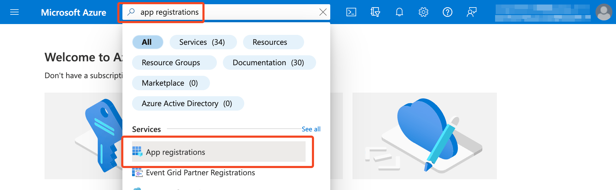 Microsoft Azure search results with App registrations highlighted