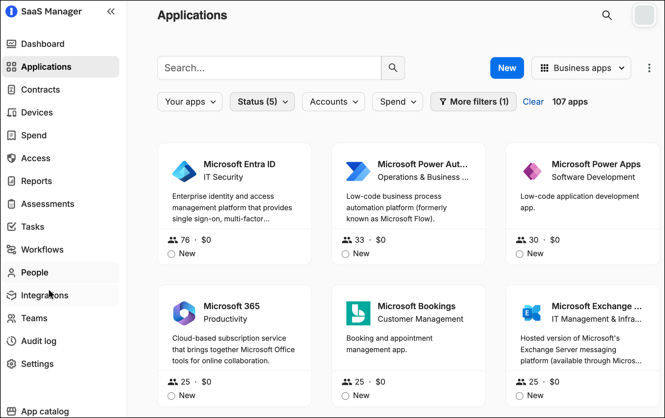 SaaS Manager Applications page showing the search box, filters, and app cards