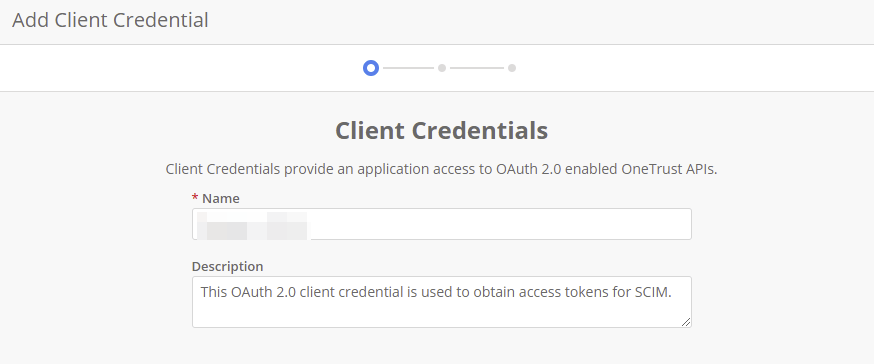 OneTrust Add Client Credential form with the name and description fields