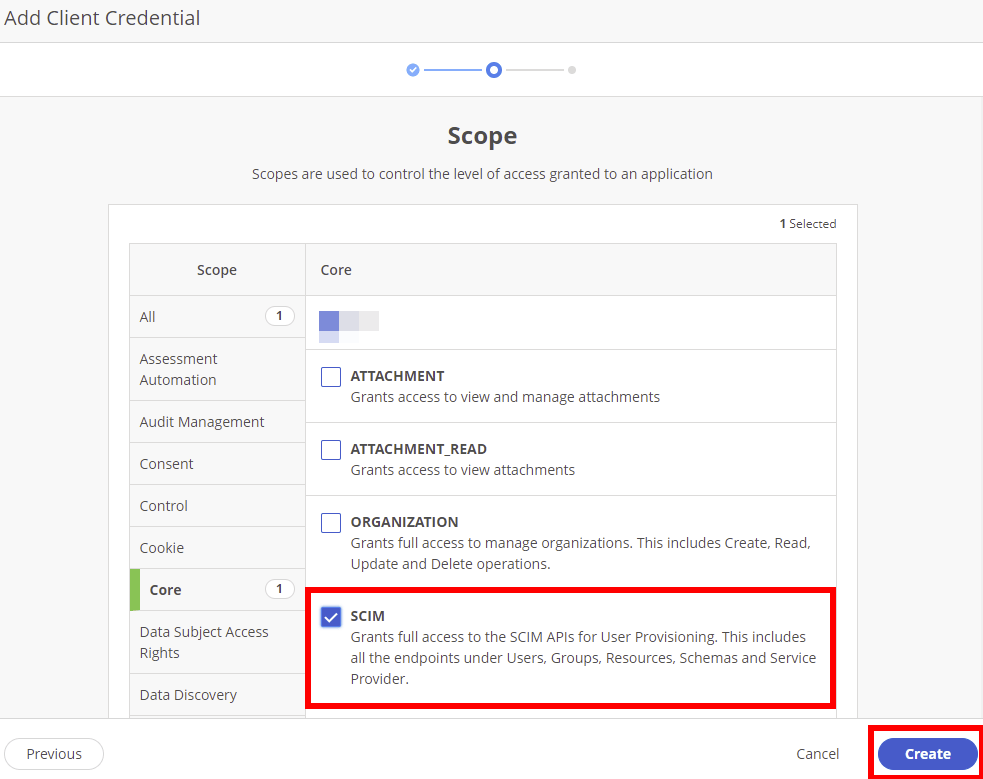 OneTrust scope selection with the SCIM scope selected and Create highlighted