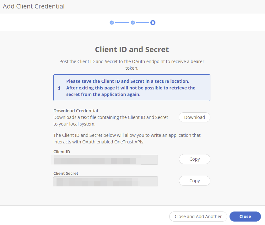 OneTrust Client ID and Secret page with copy buttons