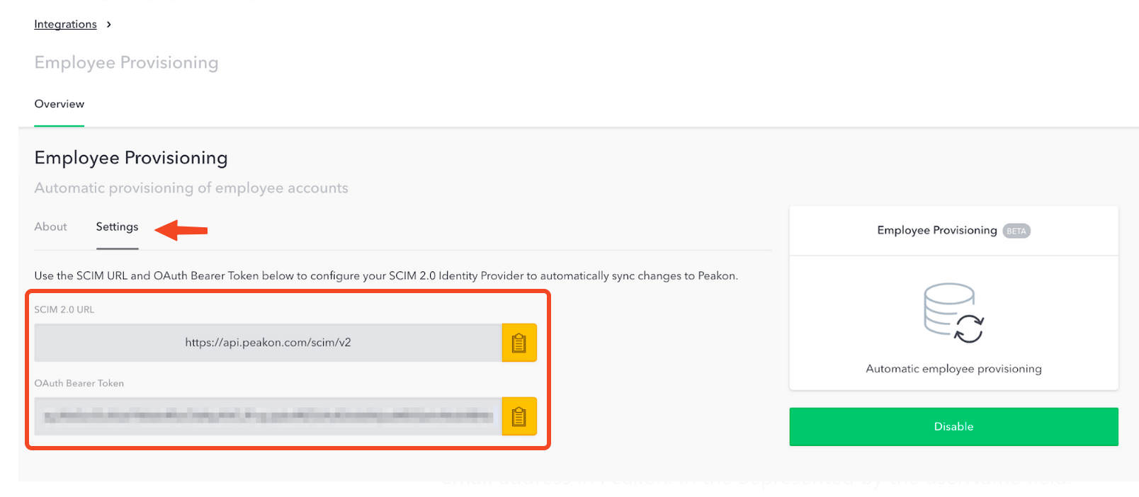 Peakon Employee Provisioning settings with SCIM URL and OAuth bearer token fields