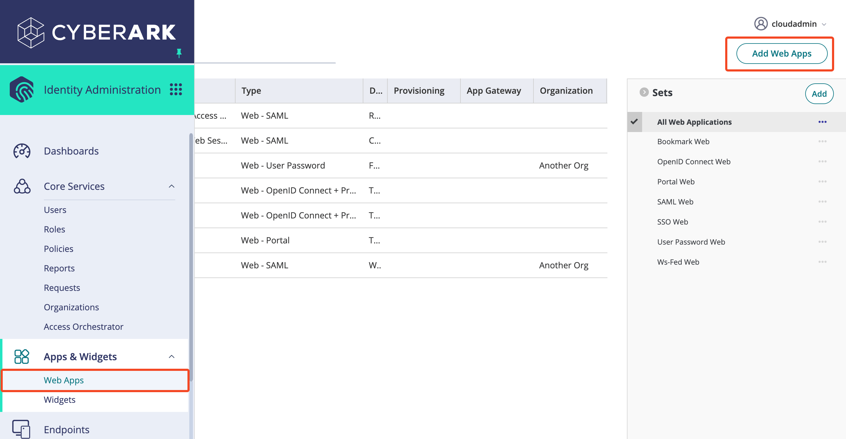 CyberArk Identity Web Apps page with Add Web Apps selected