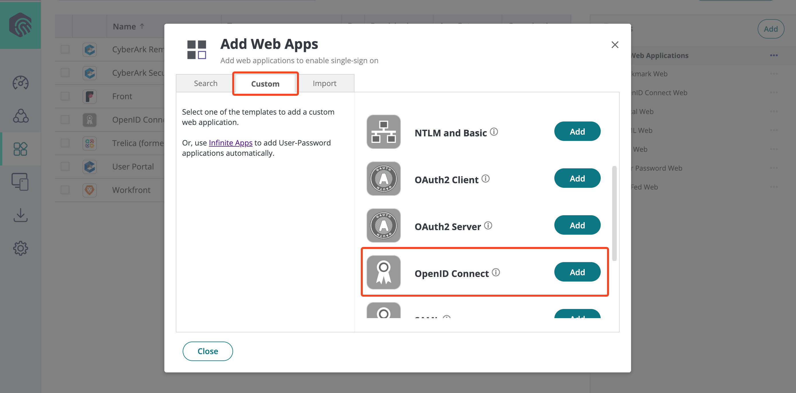 CyberArk Web App options with Custom OpenID Connect selected