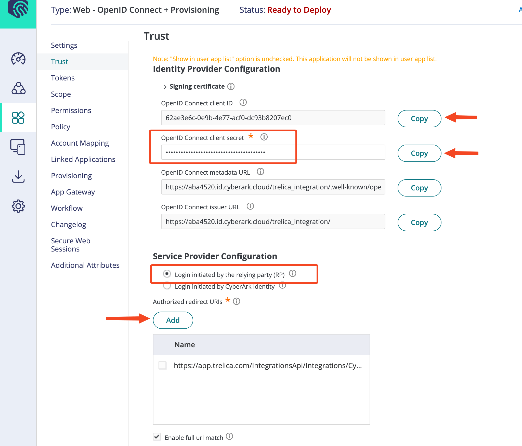 CyberArk OpenID Connect settings with Enable full URL match selected