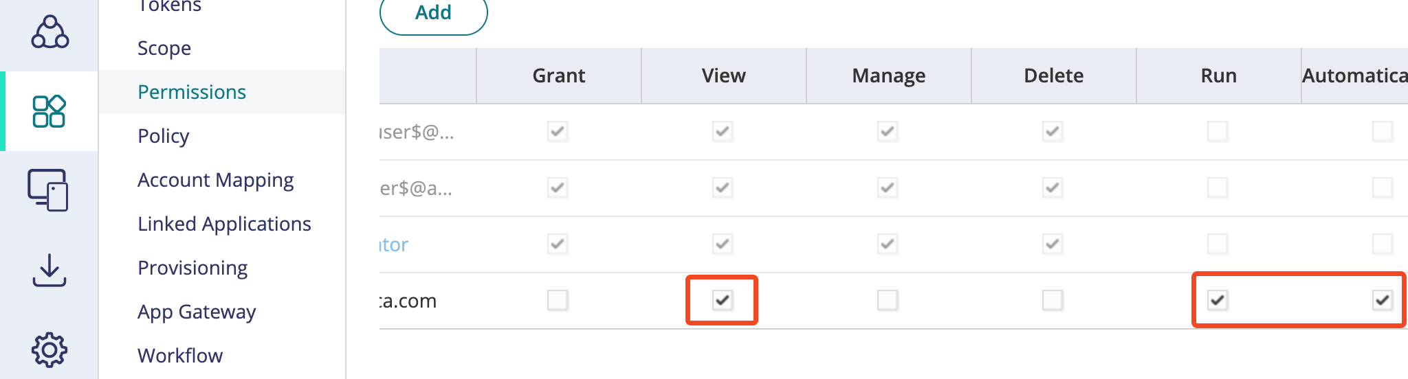 CyberArk application permissions with View, Run, and Automatically Deployed selected