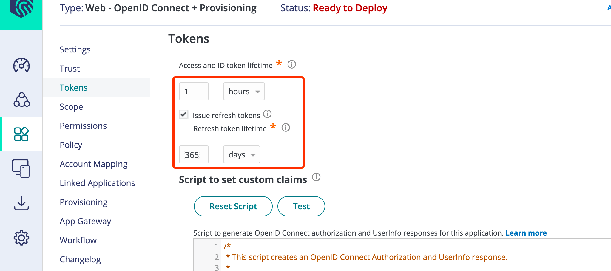 CyberArk token settings with a 365-day refresh token lifetime