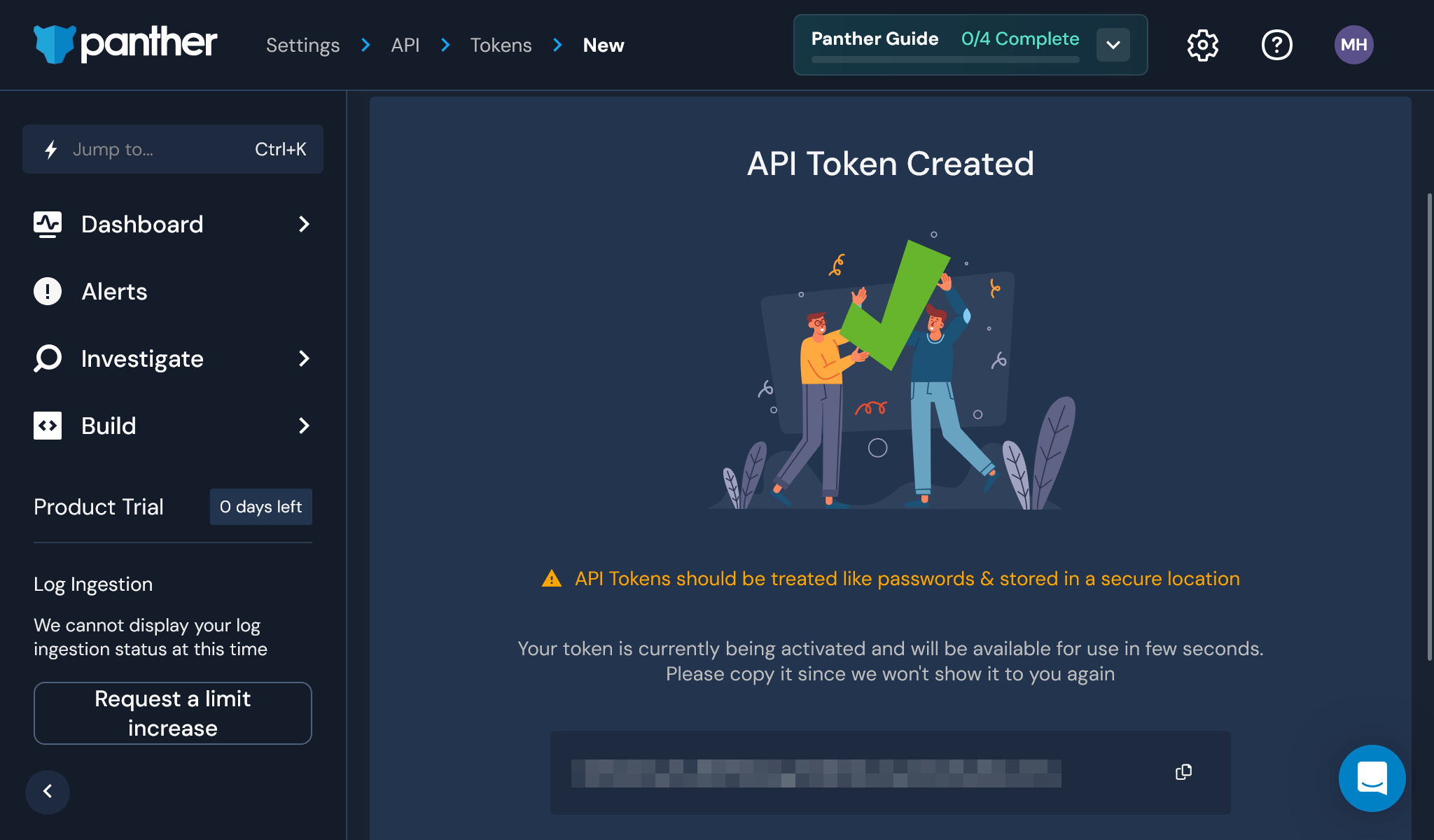 Panther API Tokens page with the API URL highlighted