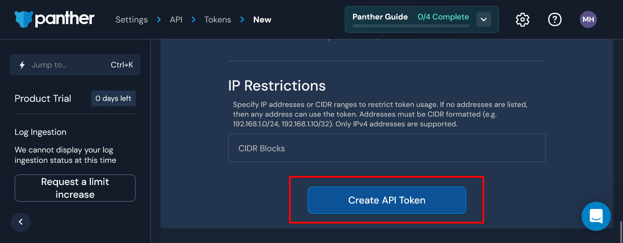 Panther API token form with the Create API Token button highlighted