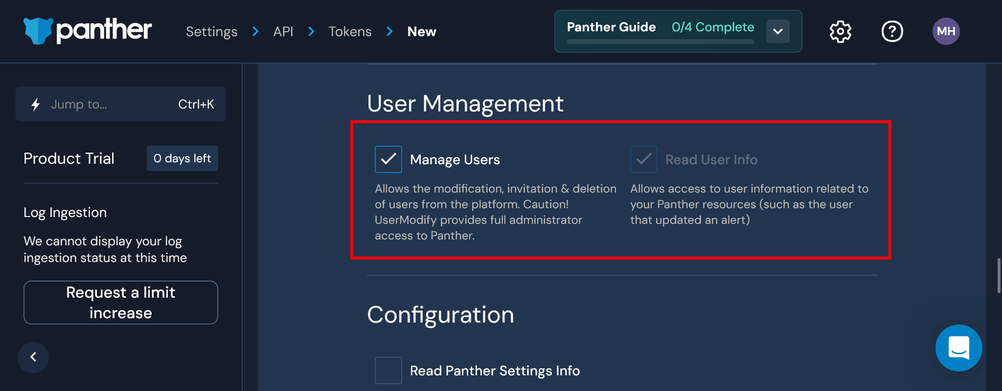 Panther API token form with Manage Users permission selected