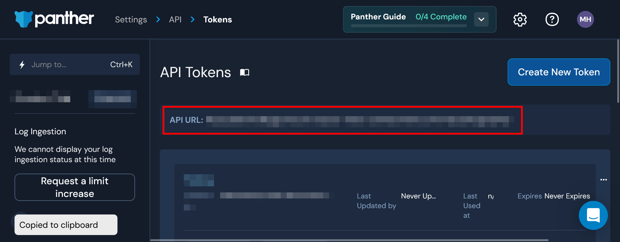 Panther API Tokens page showing the copied API URL