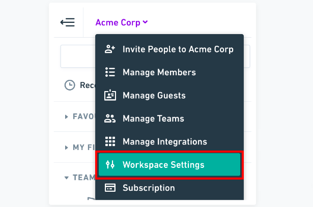 Whimsical dashboard with Workspace Settings selected