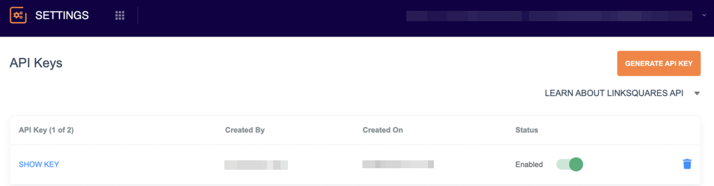 LinkSquares API Keys page with the Generate API Key button