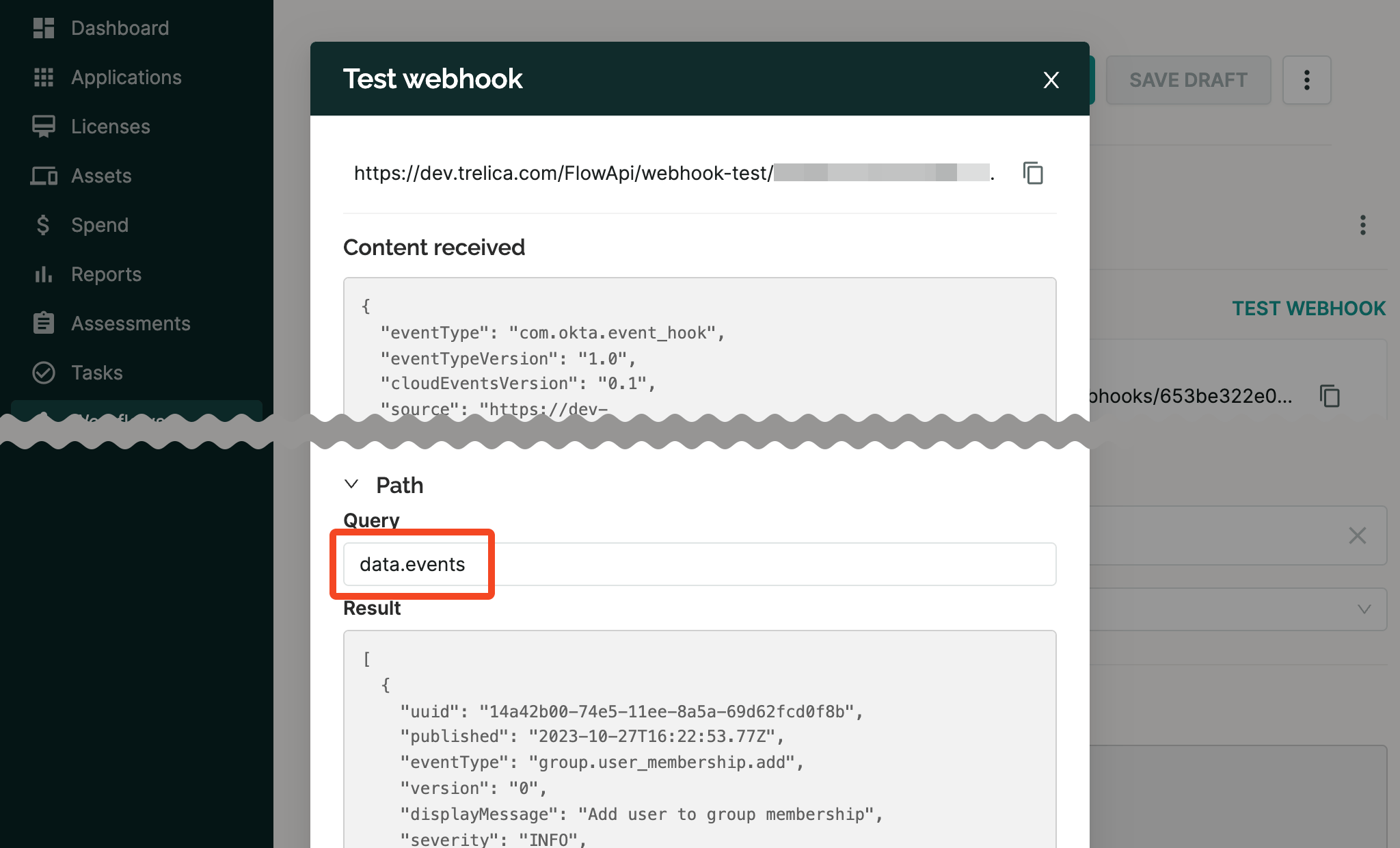 SaaS Manager webhook test dialog with a JMESPath array query