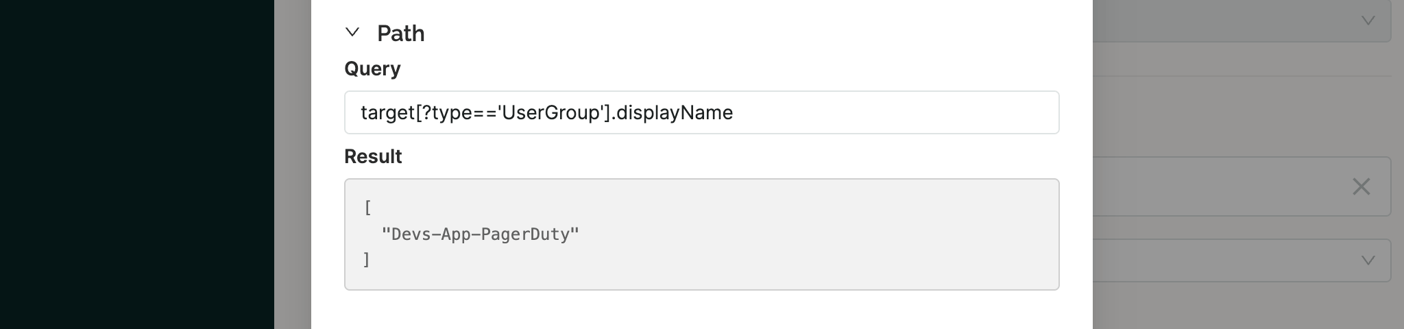 SaaS Manager webhook test result showing a JMESPath array value