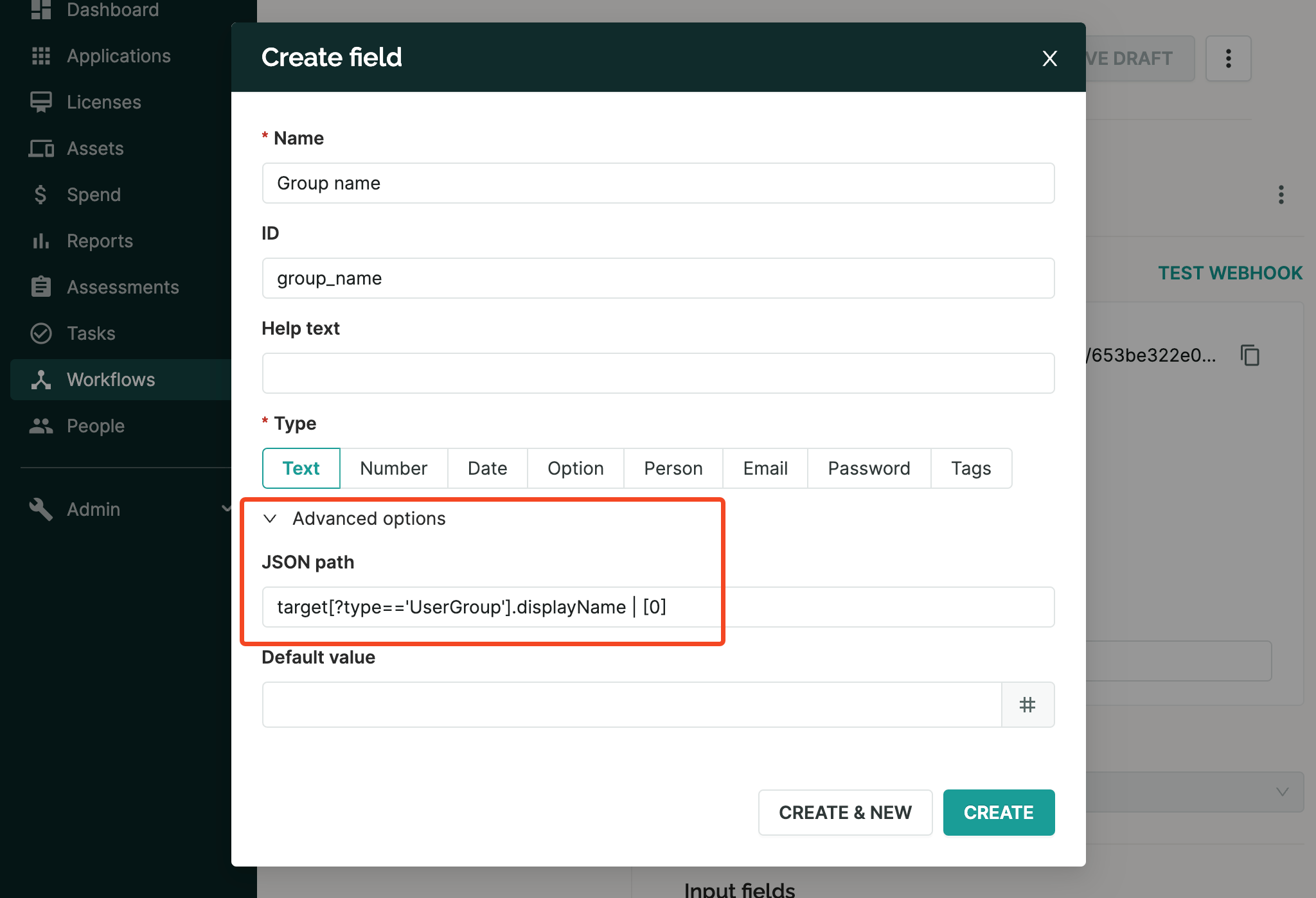 SaaS Manager workflow field mapped with a JMESPath query