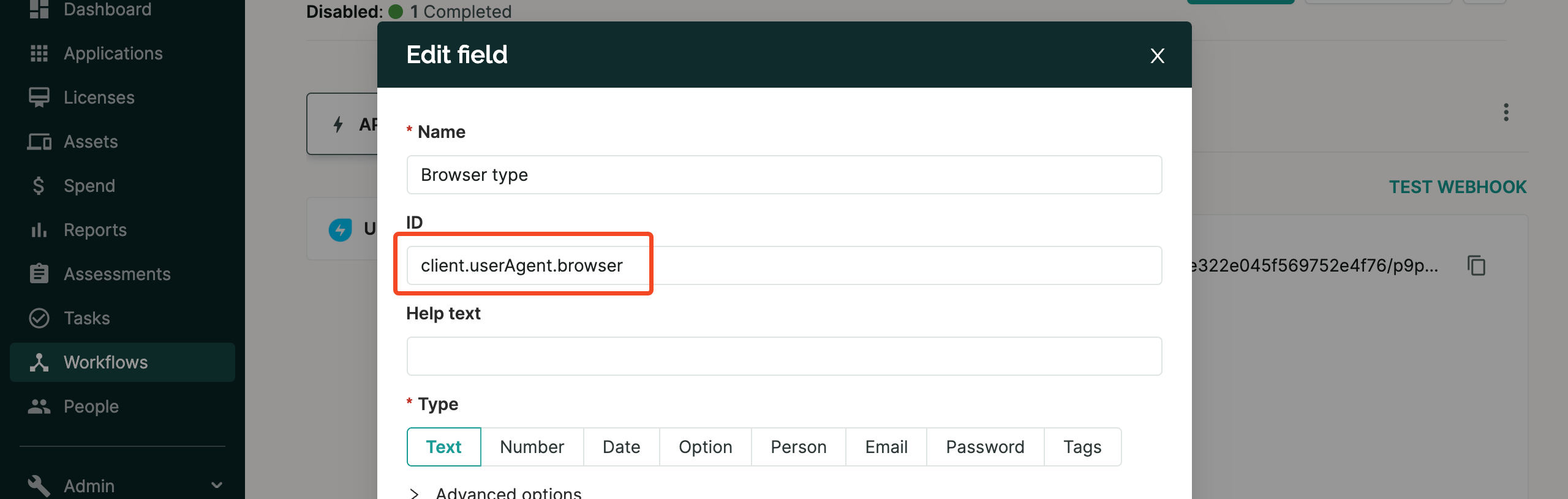 SaaS Manager workflow input field with a browser name JSON path