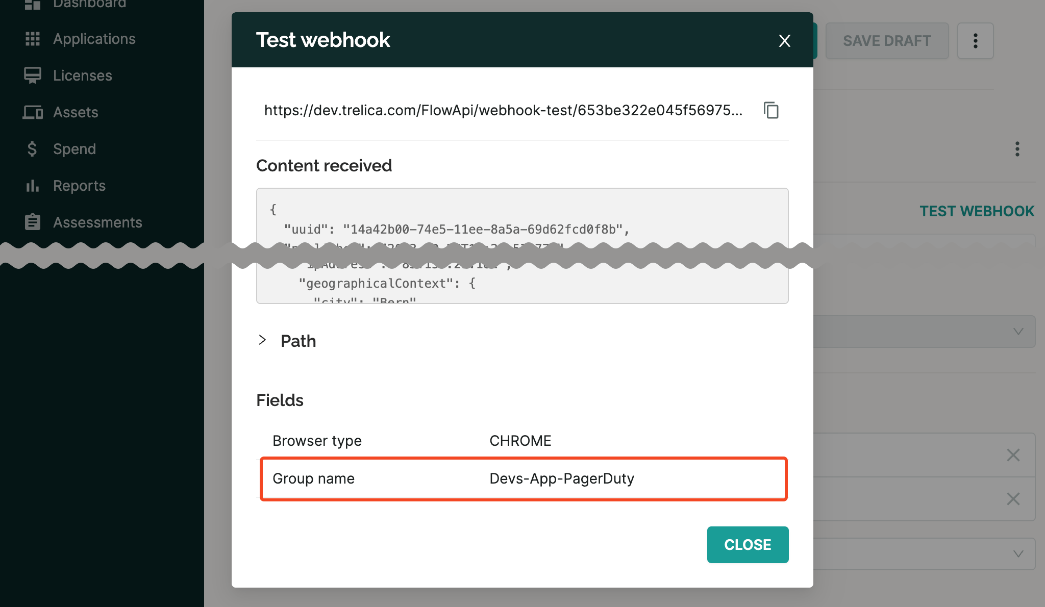 SaaS Manager webhook test result after applying the JMESPath query