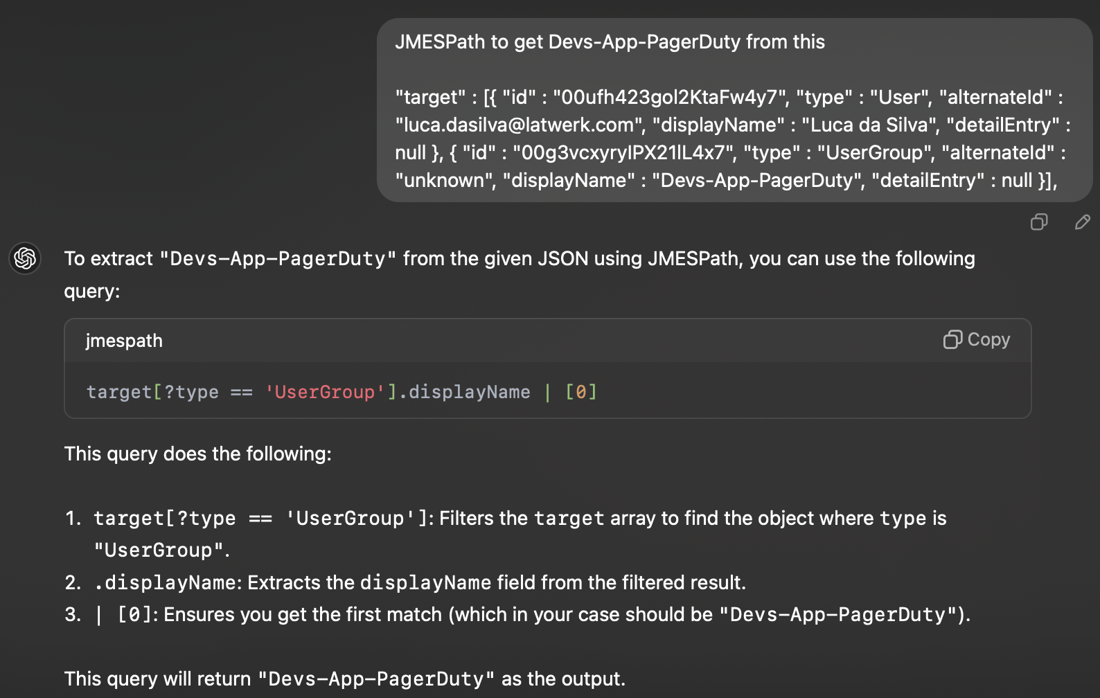 Example prompt for generating a JMESPath query