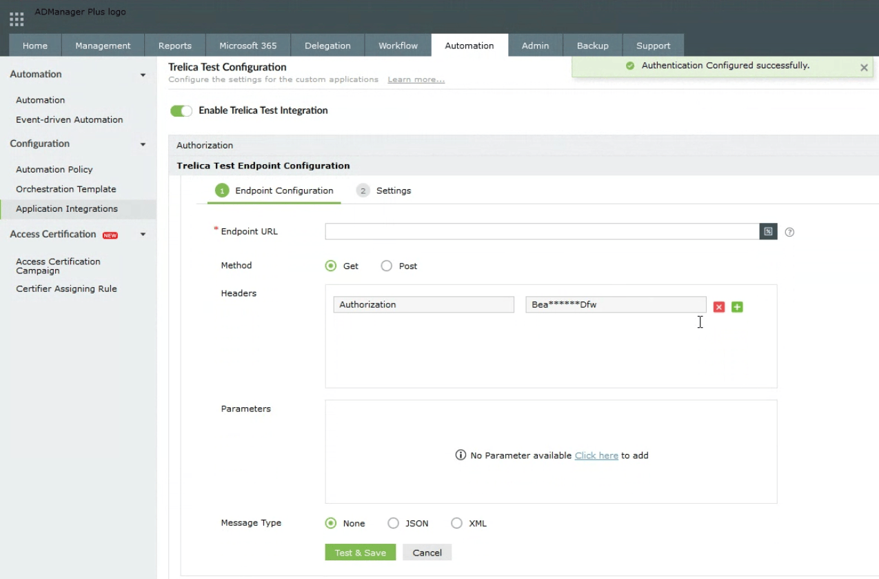 ADManager Plus application integration endpoint configuration with an authorization header