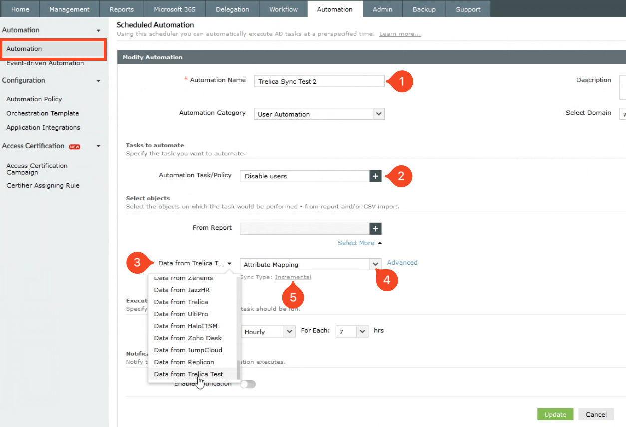 ADManager Plus scheduled automation form with SaaS Manager data source and incremental sync selected