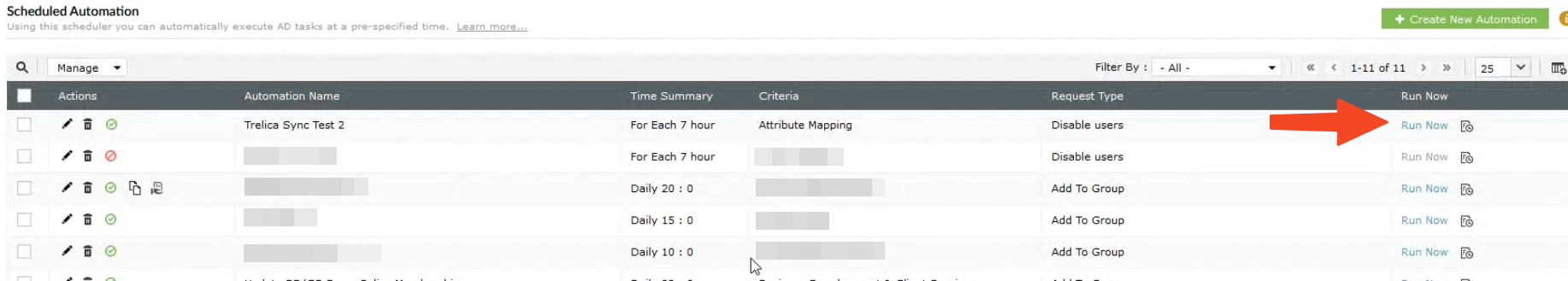ADManager Plus Scheduled Automation list with the Run Now action indicated