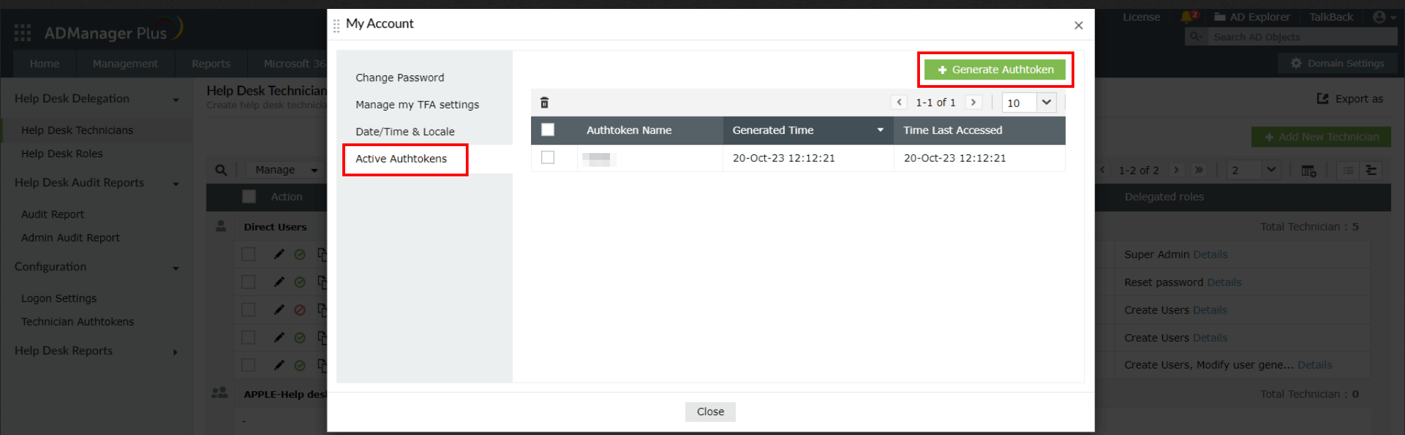 ADManager Plus My Account dialog with Active Authtokens selected and the Generate Authtoken button