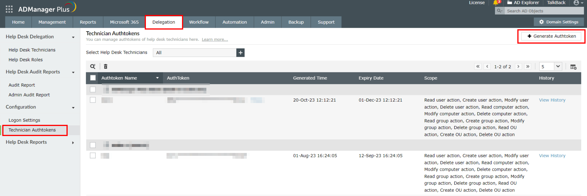 ADManager Plus Technician Authtokens page with Generate Authtoken highlighted