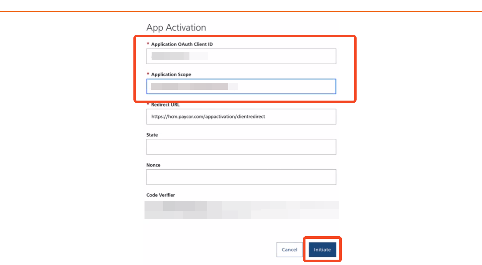 Paycor App Activation form with the OAuth client ID and application scope fields