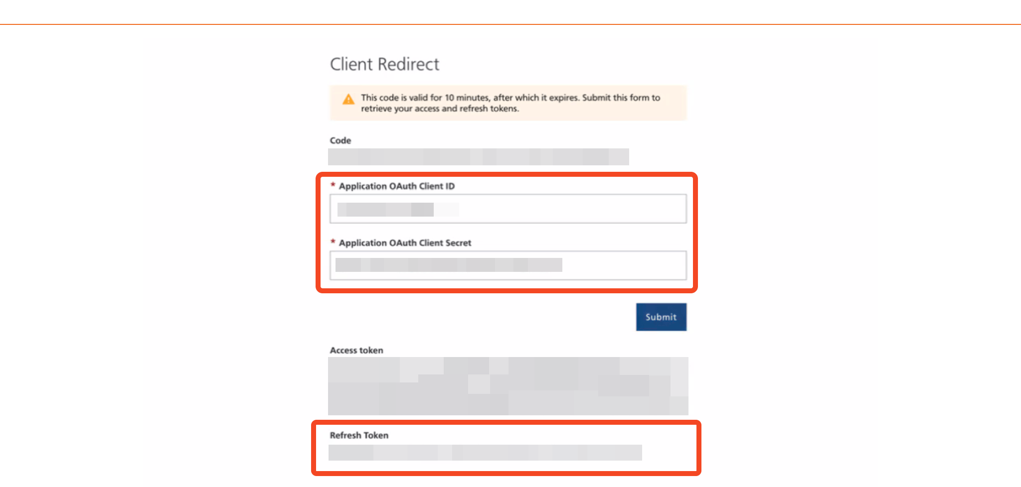 Paycor Client Redirect page with OAuth client credentials and refresh token fields