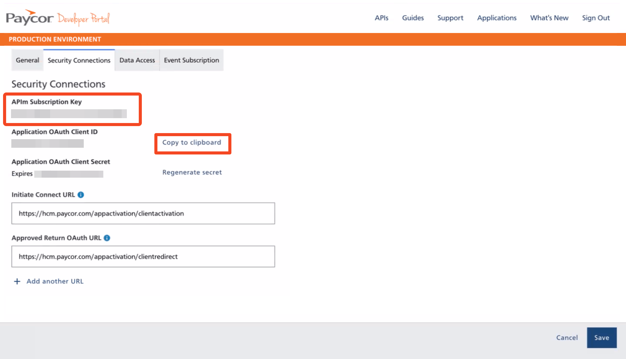 Paycor Security Connections page showing the subscription key and OAuth credentials