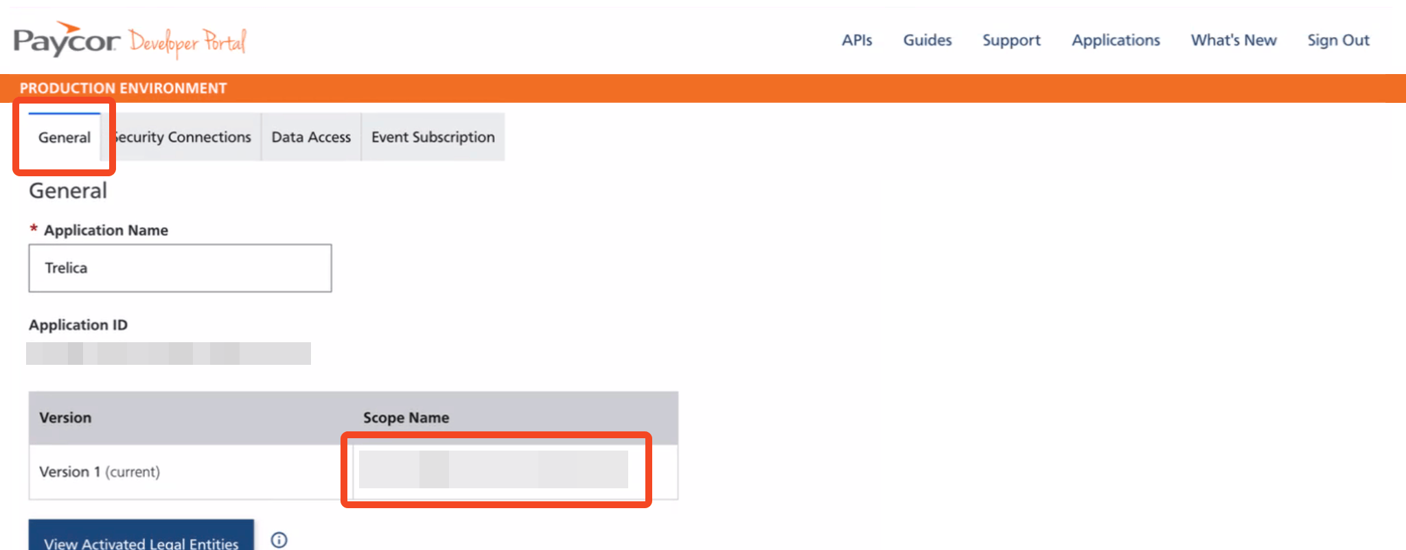 Paycor Developer Portal General tab with the application scope highlighted
