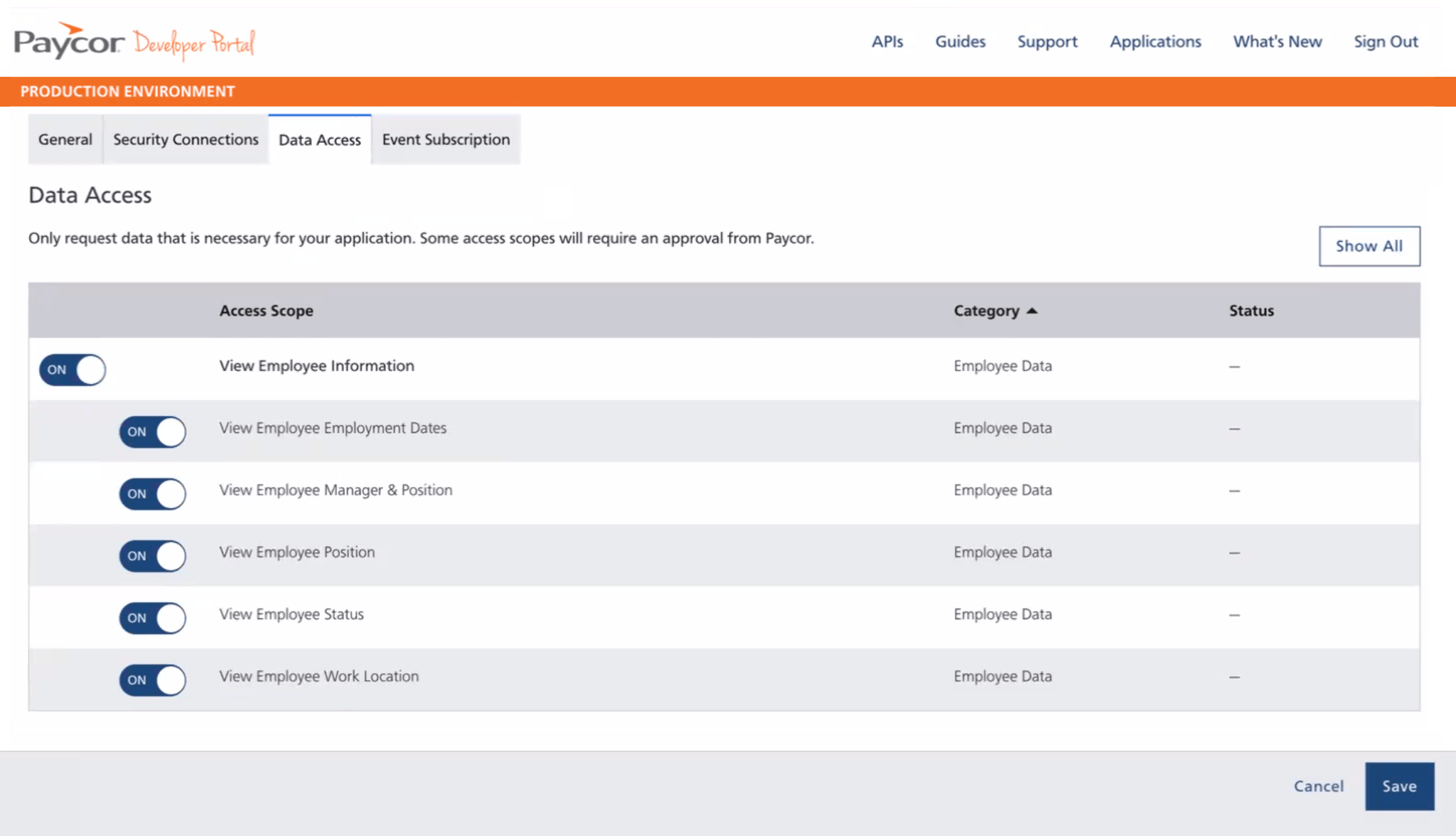Paycor Developer Portal Data Access page with employee data permissions enabled