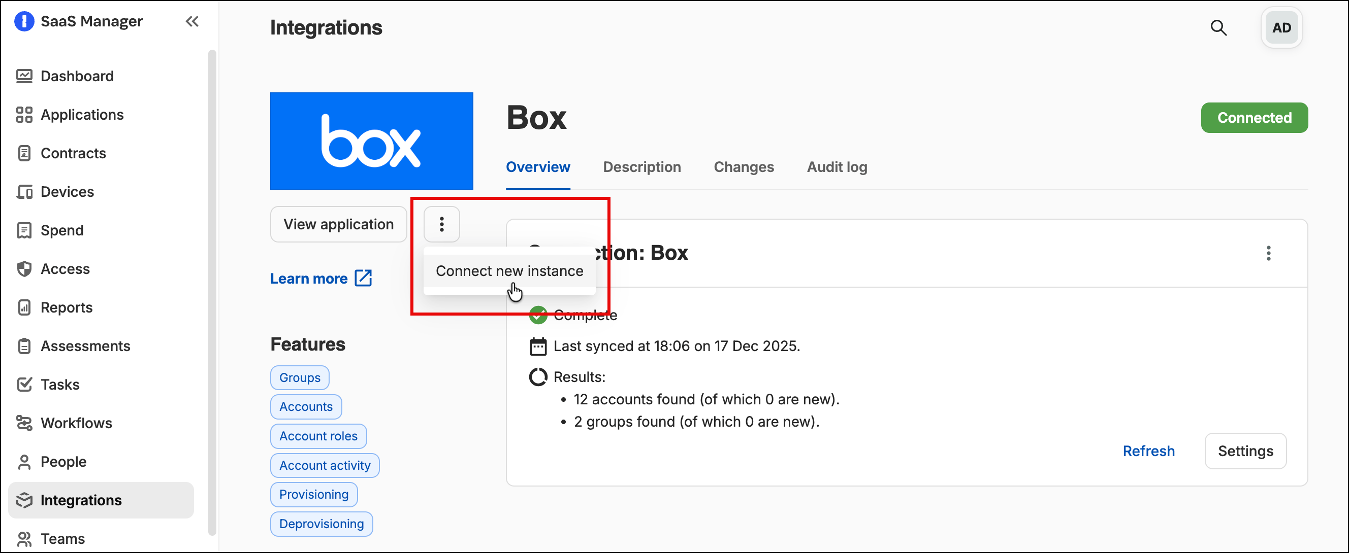 SaaS Manager Box integration page with Connect new instance selected