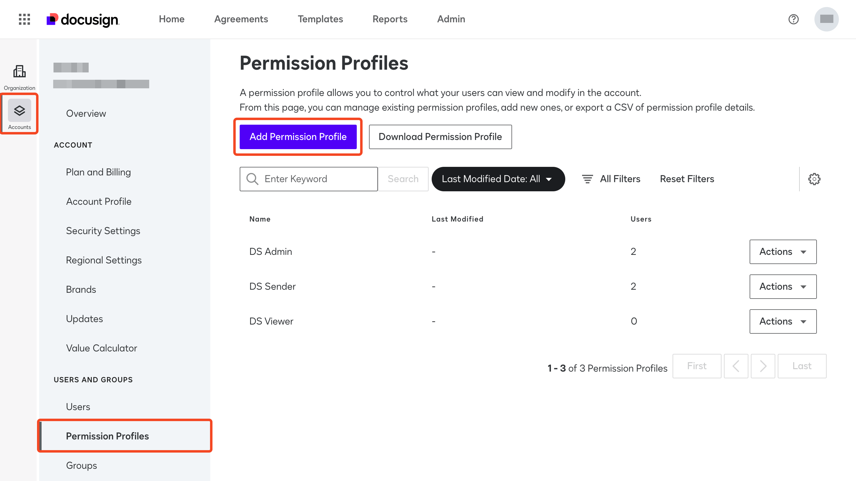 DocuSign Permission Profiles page with the Add Permission Profile button highlighted