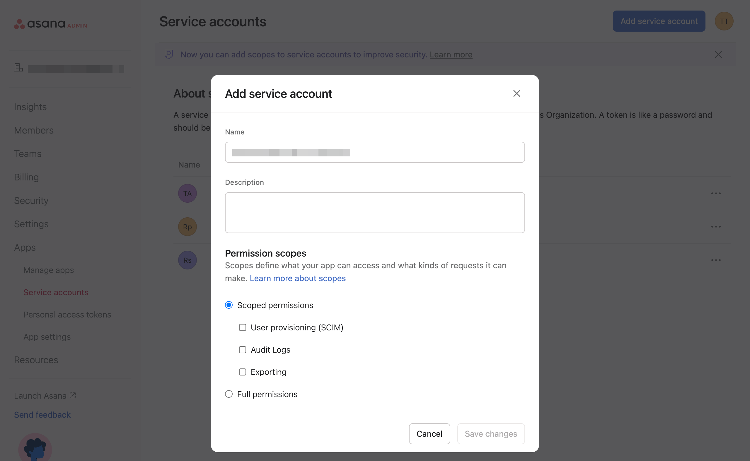 Asana Add service account dialog showing scoped permissions including User provisioning (SCIM)