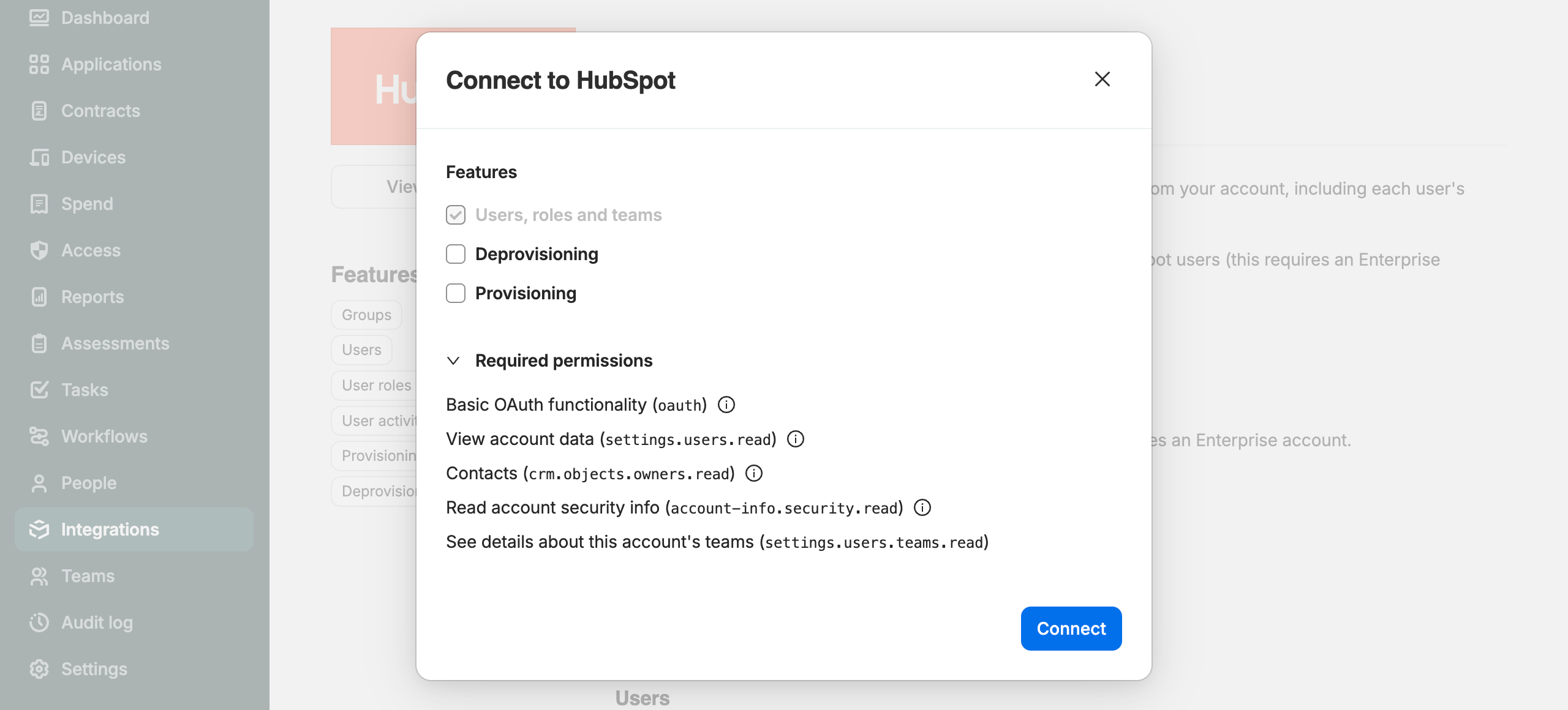 SaaS Manager Connect to HubSpot dialog listing integration features and required permissions